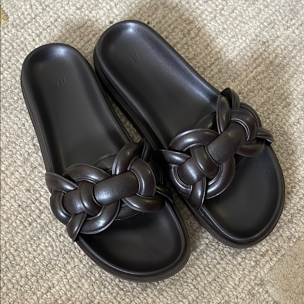 H&M Dark Brown Slide Sandals with Braided Design